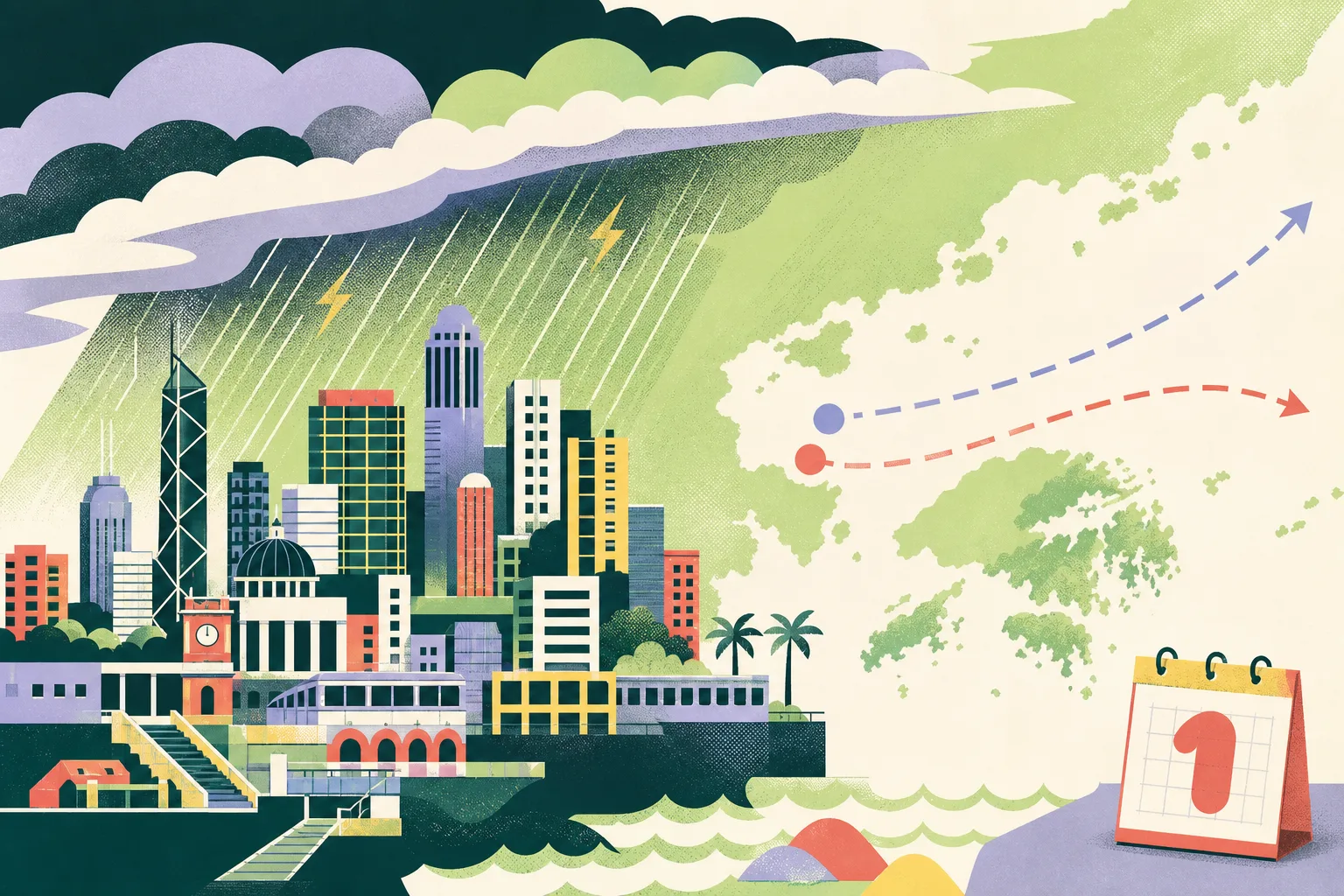 Cut-paper illustration of Hong Kong buildings beneath layered rain clouds, diagonal showers and small lightning marks, with two unfinished diverging weather tracks and a calendar tile marked 1.