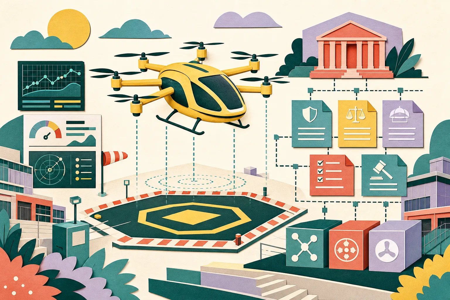 Cut-paper editorial illustration of an unoccupied electric vertical-lift aircraft above a marked test pad, surrounded by measurement lines, data panels and a geometric framework symbolising future aviation regulation, in muted ochre, dusty teal, mineral blue and soft coral.