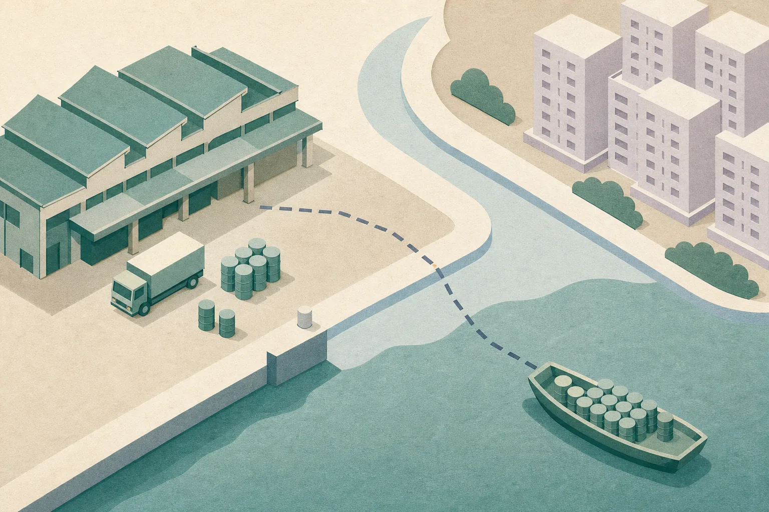 A quiet cut-paper diagram of a Hong Kong waterfront market beside a typhoon shelter, showing a simplified lorry, a small sampan with grouped fuel drums, residential blocks and a broken connecting route line.