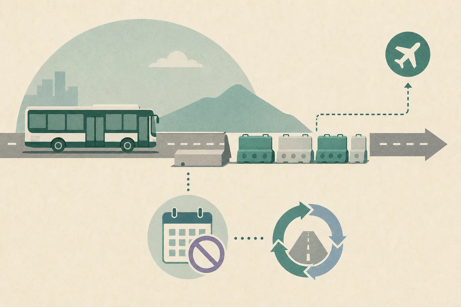 Abstract flat diagram of an airport-bound A22 city bus route interrupted by geometric crash barriers, with a restrained three-year driving-ban marker and a small driving-course arrow motif.