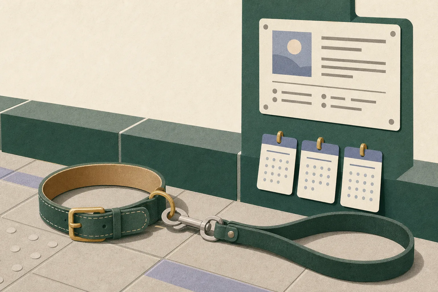 A close-detail cut-paper illustration of a dog collar and lead beside a simplified paved public-space boundary, with three calendar tabs marking August 30, September 5 and September 6, 2026, and a neutral civic information placard.