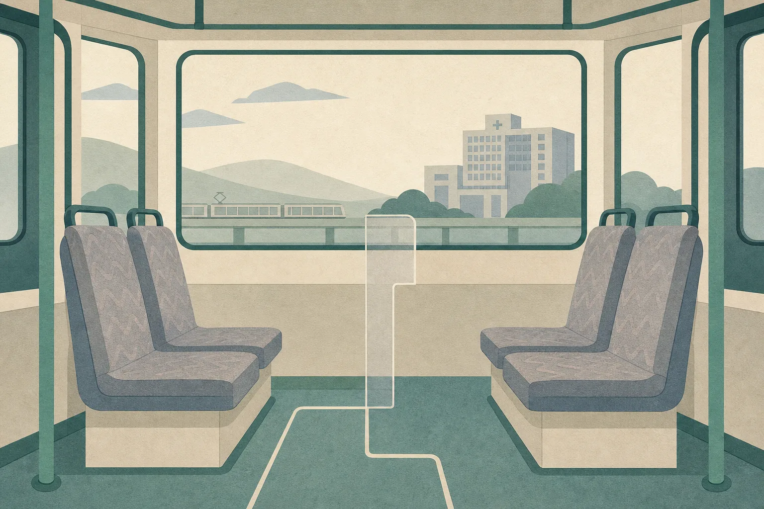 Flat cut-paper illustration of an empty light-rail carriage with two opposing pairs of seats, a translucent boundary across the aisle, a simplified rail line and a small hospital building in the distance.