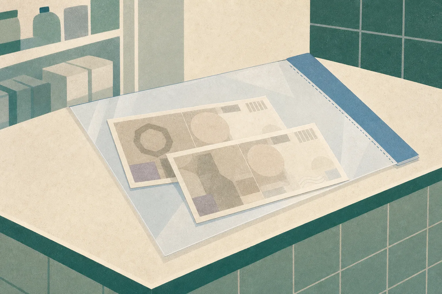 Close-up illustration of two ambiguous note-like rectangles partly inside a clear evidence sleeve on a grocery-shop counter, with simplified shelving and tiled shapes in the background.