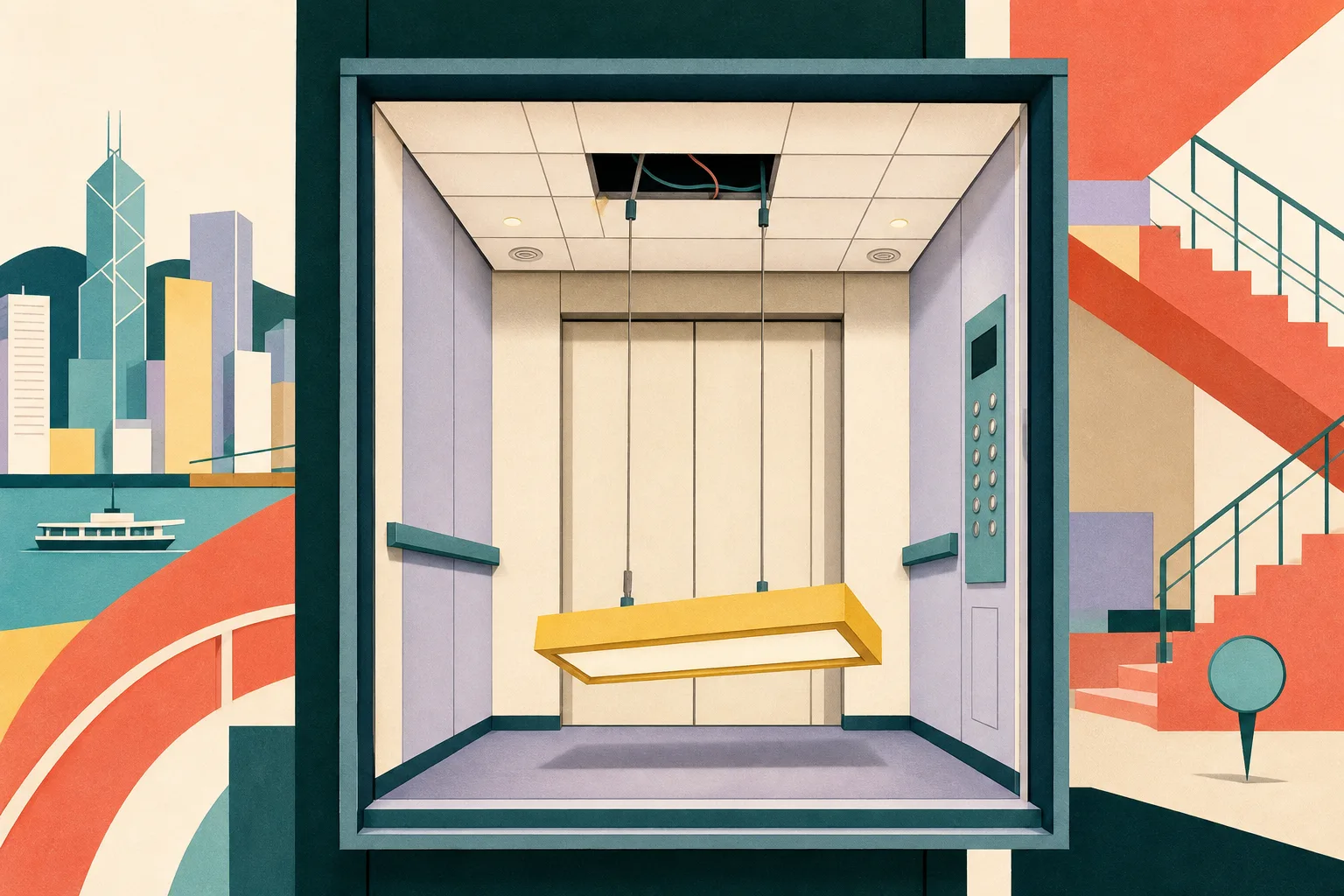 Cut-paper style elevation of an empty commercial lift cabin with a rectangular ceiling light fitting displaced below the ceiling grid, using mineral blue, off-white, muted ochre, dusty teal and a small soft-coral accent.