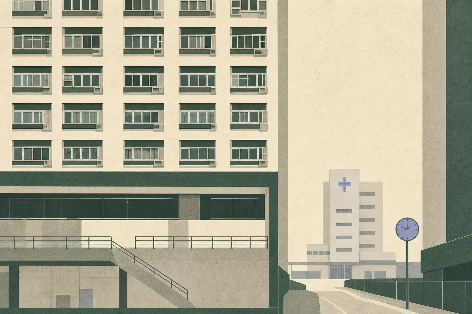 Flat architectural collage of an anonymous Hong Kong building facade with a recessed platform, a small early-hours time marker and a distant hospital block connected by a simple street route; no people are shown.