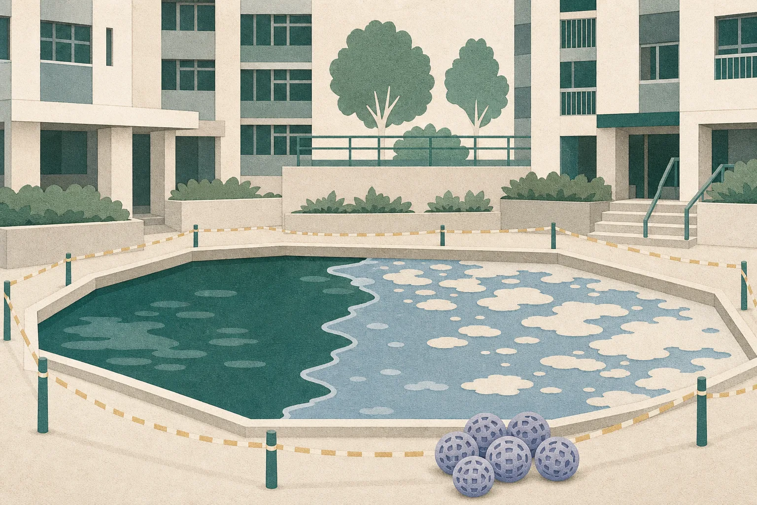 Flat cut-paper illustration of a residential pond beside simplified apartment blocks, with pale foam patches on one side, a small cluster of laundry balls near the edge, and a clean geometric boundary separating the water areas.