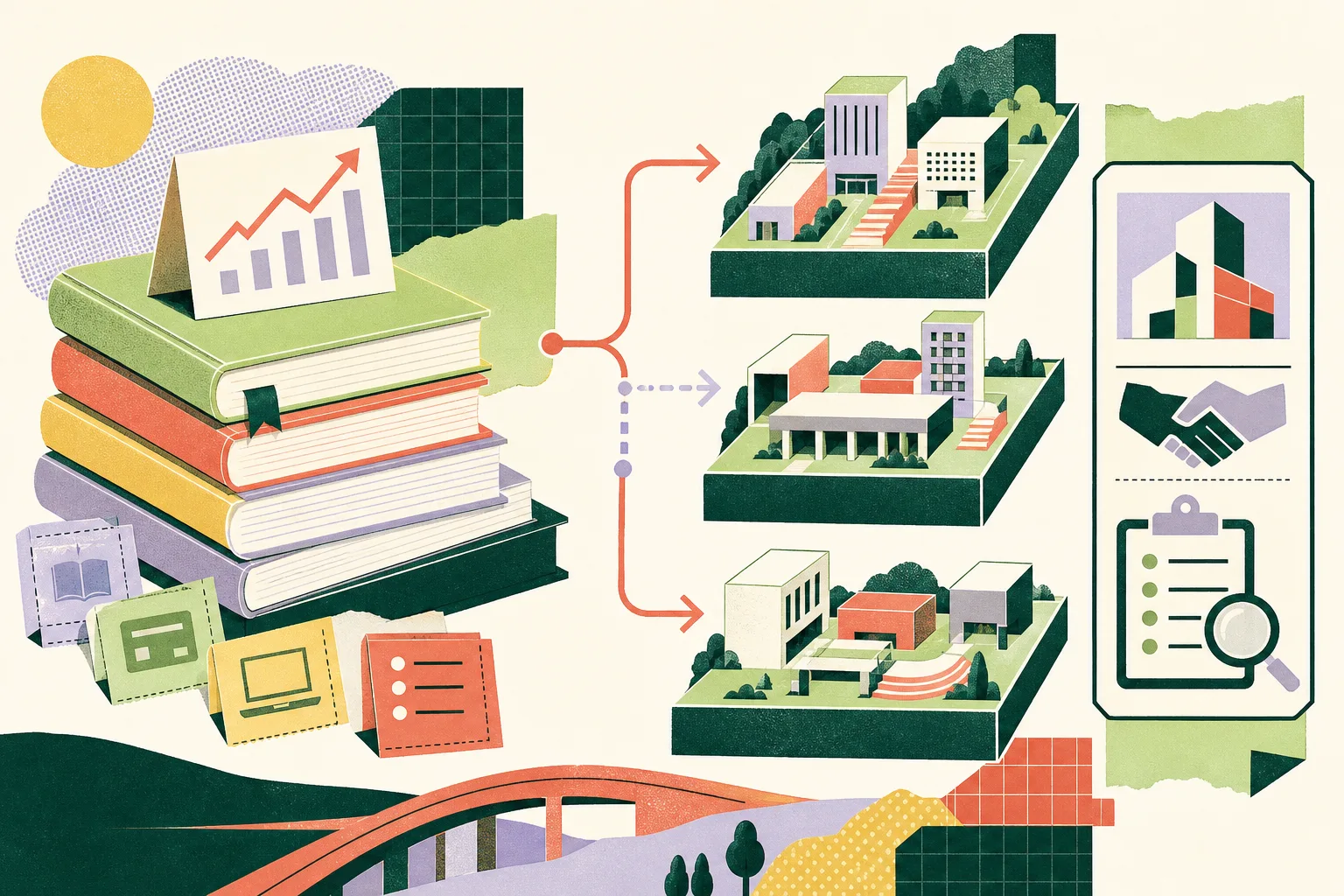 A flat cut-paper collage shows a stepped stack of school textbooks with an upward cost marker on the left, linked by geometric policy tiles to three separate outlined campus-site blocks and a restrained loan-facility panel on the right.