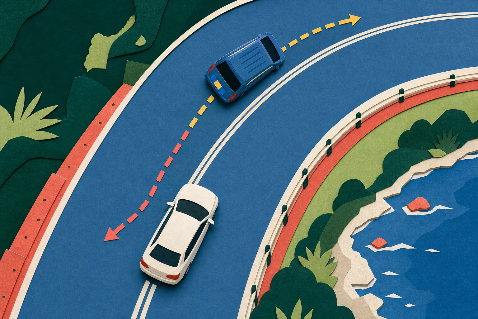 Top-down cut-paper diagram of a winding two-lane road, with a seven-seater carrying two registration-colour blocks travelling against traffic while another car curves aside to avoid it; both vehicles remain intact and separated.