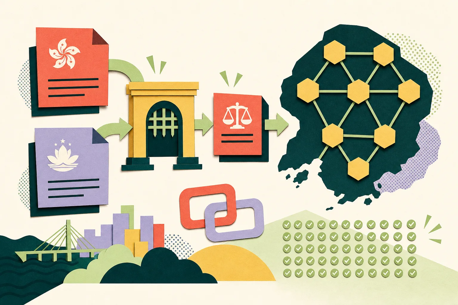 A cut-paper civic diagram shows Hong Kong and Macau document panels moving through an examination gate and practising-certificate tile toward a connected network of nine city nodes. A small September 1 calendar marker and a dense cluster of qualification marks complete the composition, with coral,,c