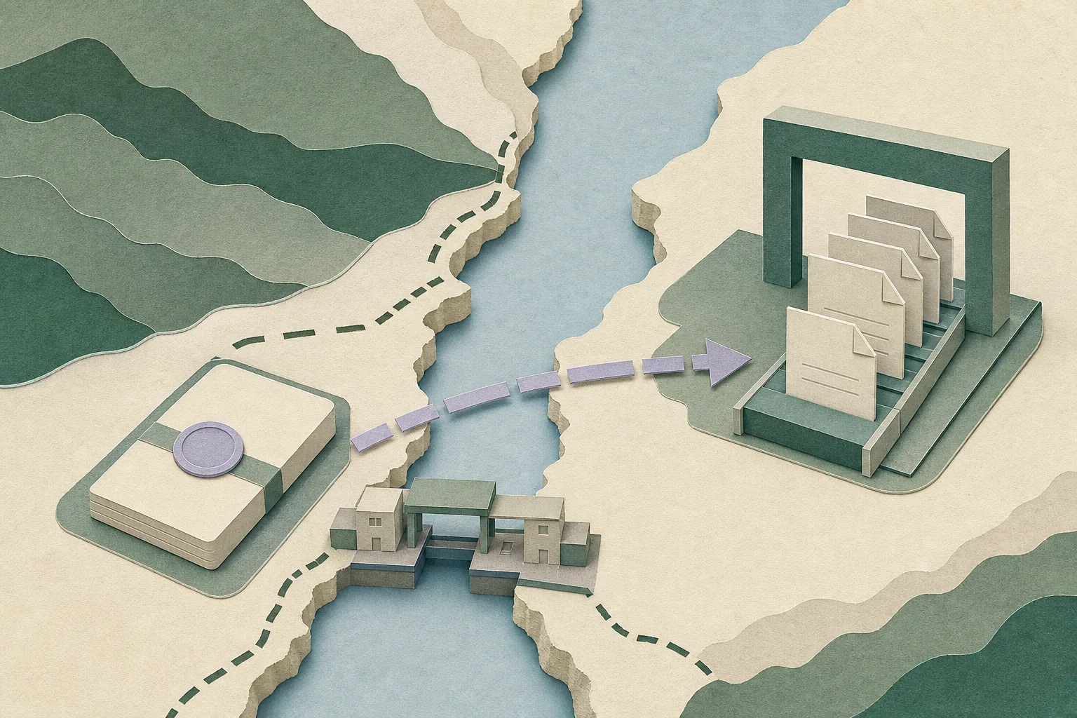 Abstract cut-paper illustration of displaced blue-grey mountain layers divided by an interrupted border line, with an HK$50 million relief-fund tile moving toward a simple application-processing gate and blank forms.