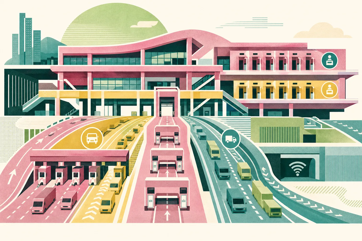 Flat cut-paper illustration of a cross-border port terminal with layered architectural blocks, parallel transport lanes, abstract inspection gates, directional flow bands and a small wireless-signal motif in one interchange area.