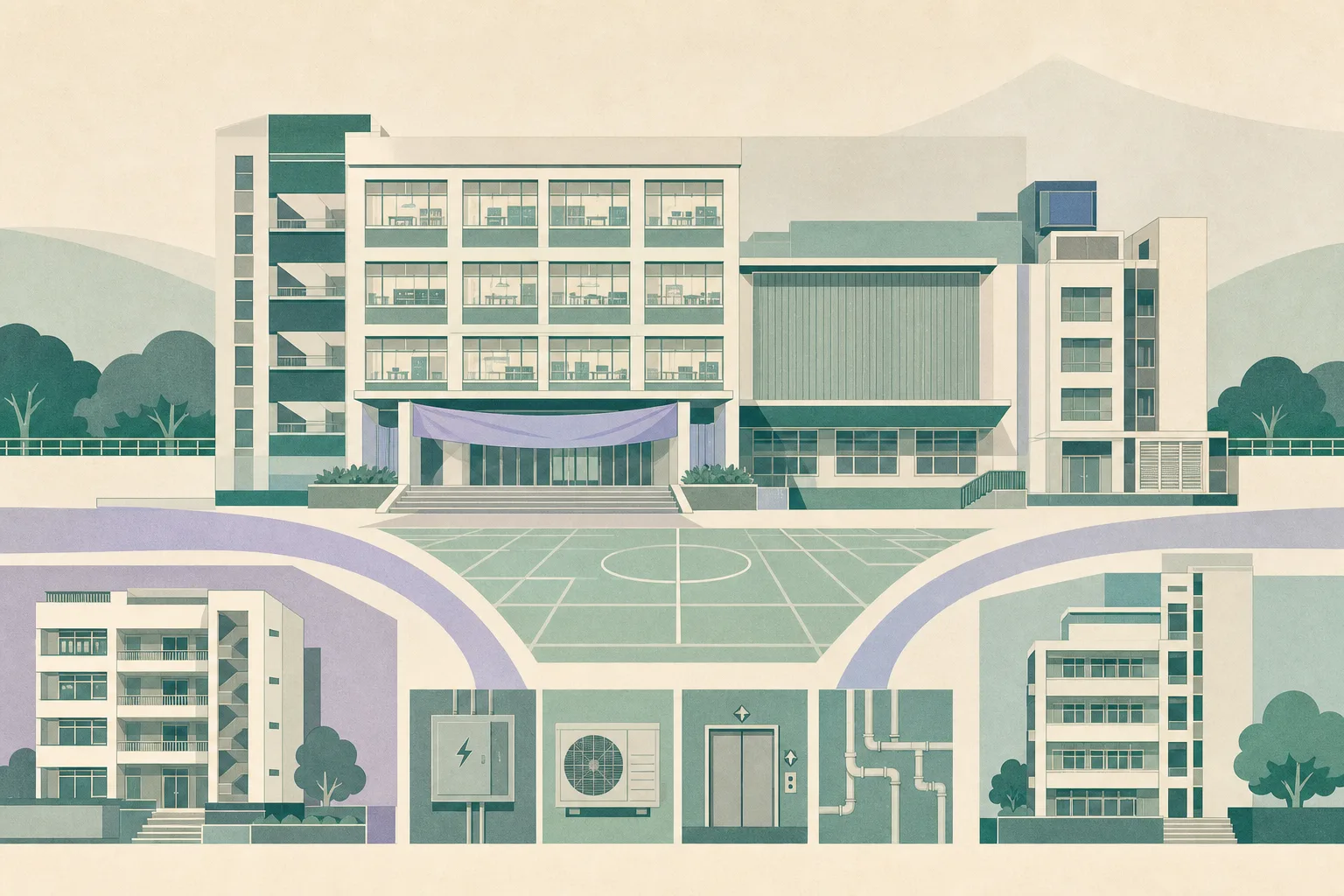 A cut-paper illustration of a refurbished school building with renewed windows, an assembly-hall block and a patterned sports ground, connected to two smaller campus blocks by converging pathways.