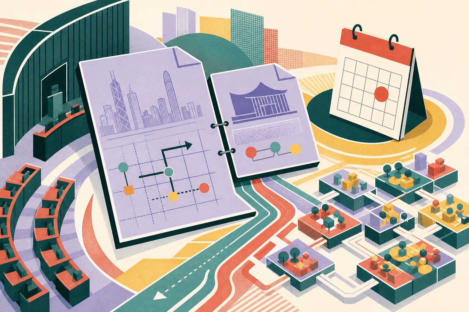 An abstract cut-paper civic diagram with two overlapping document shapes, a calendar marker showing 16, connecting geometric pathways and a modular district grid on a simplified institutional base.
