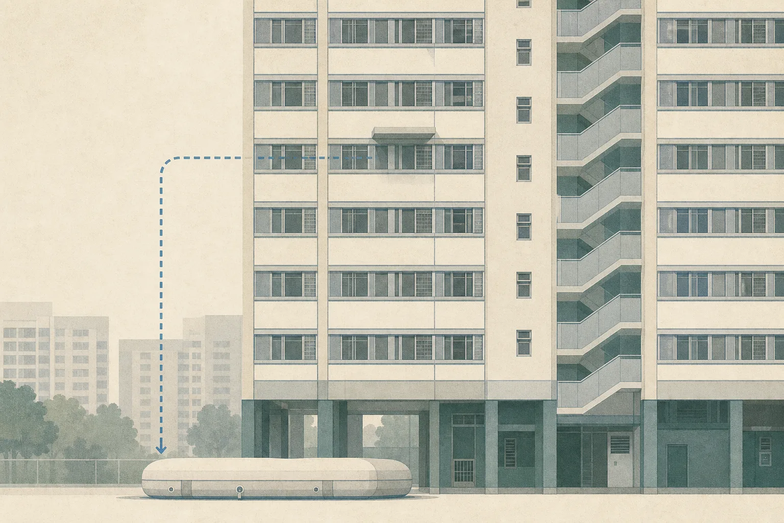 A simplified blue-grey elevation of a Hong Kong residential tower with an empty exterior ledge, an inflatable rescue cushion on the ground, and a broken process line marking the space between them.