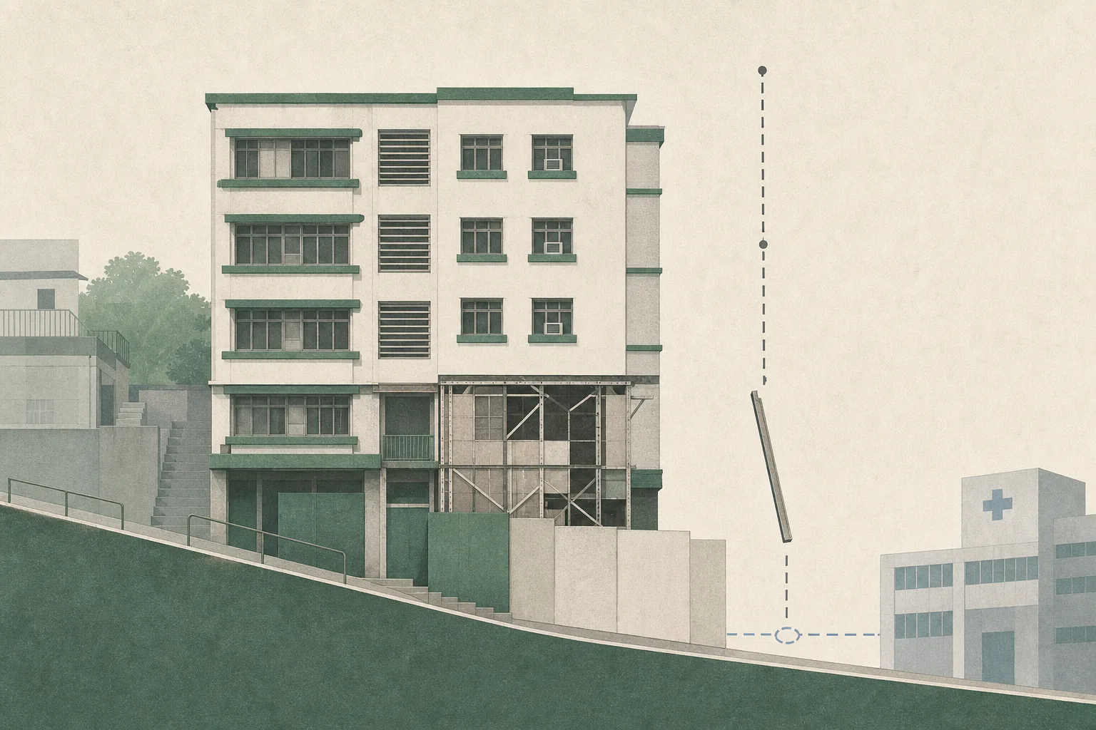 A flat cut-paper illustration of a simplified Mid-Levels building facade beside a sloping street, with a bounded demolition area, an unidentified elongated structural form separated from the building, broken measurement lines and a small abstract hospital-like block.