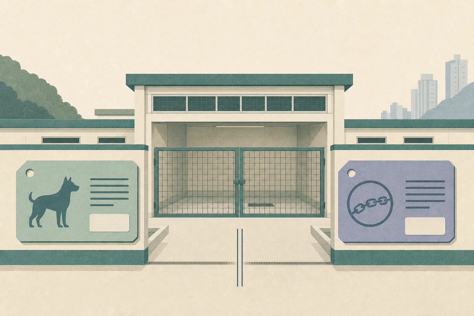 A flat cut-paper illustration of an empty animal-management-centre kennel behind a mesh gate, with a “Mongrel” licence panel on one side and a separate “fighting dog” classification panel on the other, divided by a clear unresolved gap.