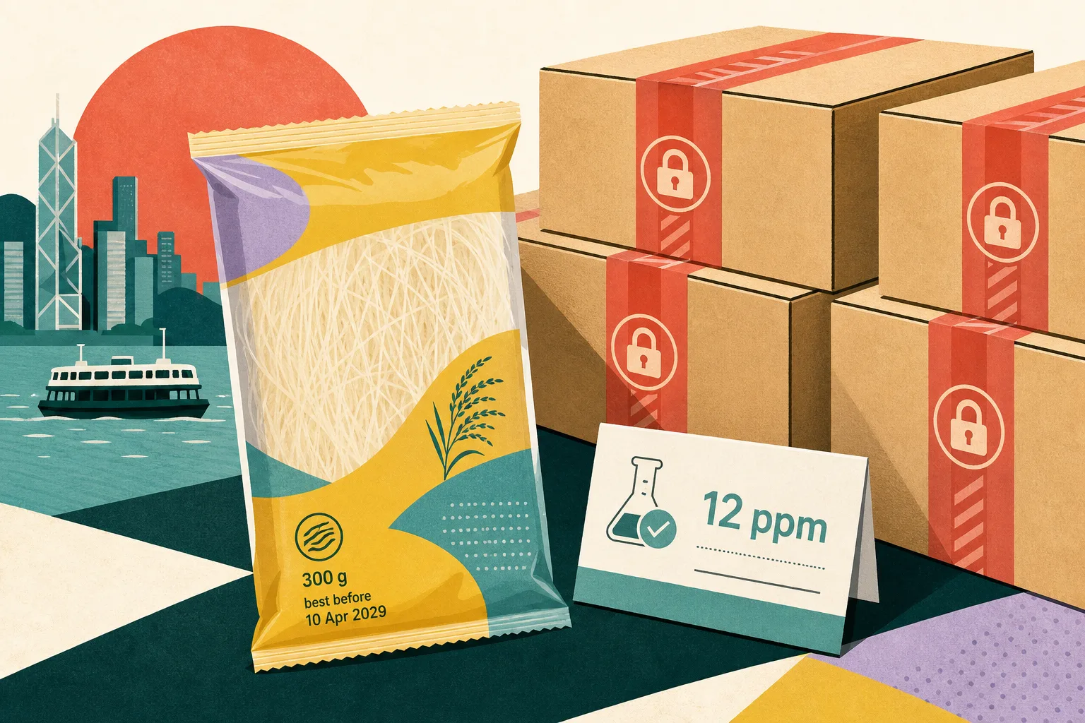 A stylised still life of a packaged rice-vermicelli product beside a laboratory testing card marked 12 ppm, with sealed cartons arranged on a shelf behind it and small markers for 300 grams and 10 April 2029.