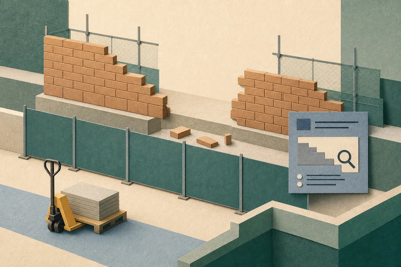 Diagrammatic illustration of an interrupted brick wall at a construction site, with a few bricks on a lower platform, a pallet truck set aside and a closed boundary marking the suspended work area.