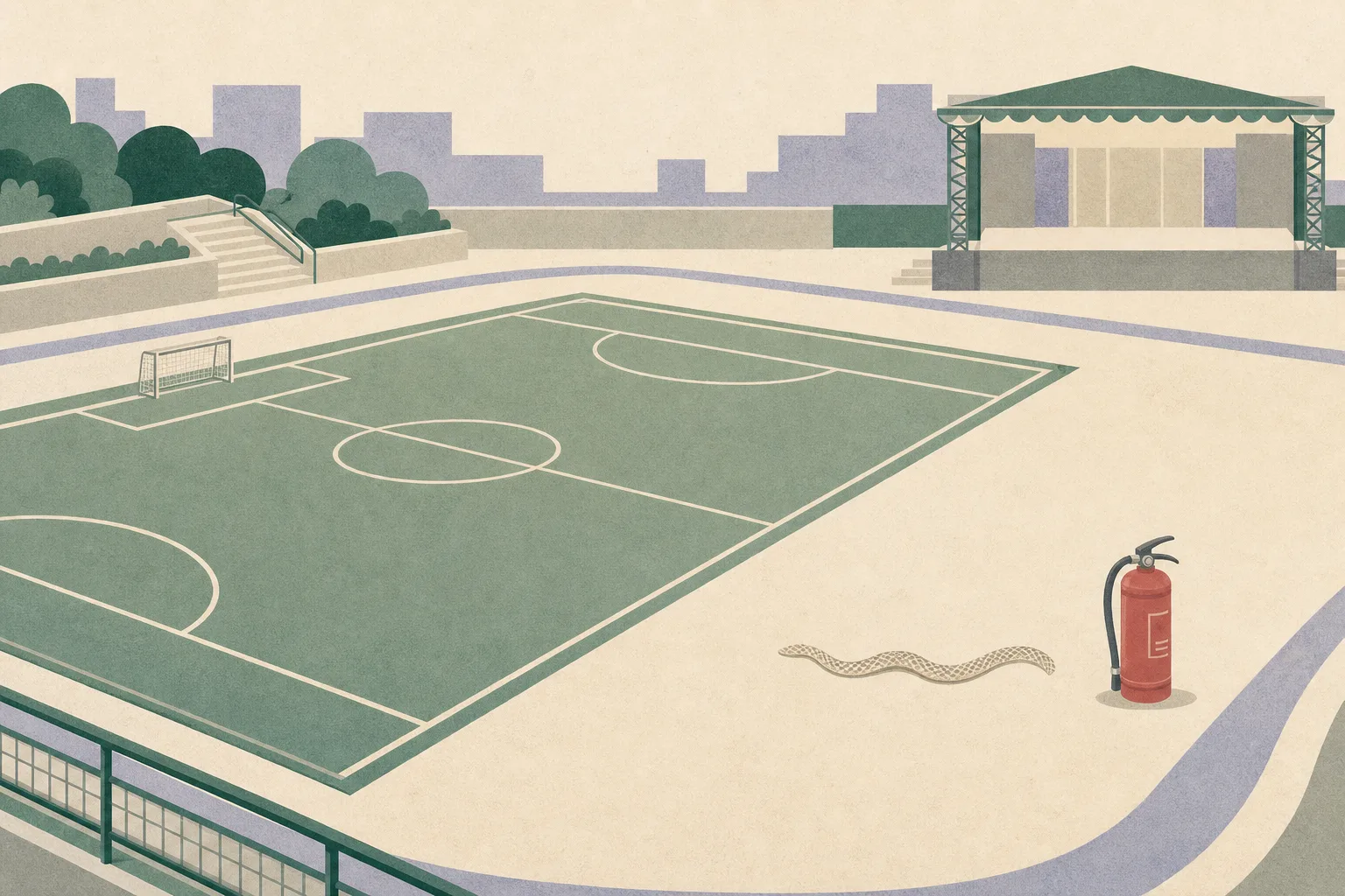 A simplified empty playground and football-pitch diagram shows a clean curled snake-skin form separated from a fire extinguisher, with a small festival stage at the perimeter and no people present.