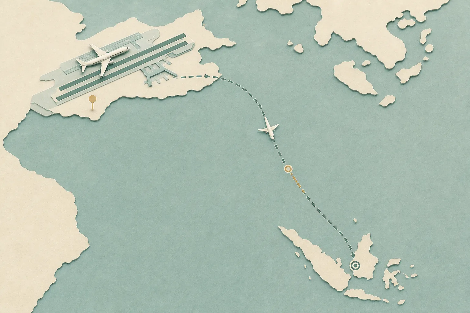 A cut-paper airport diagram shows a simplified passenger aircraft leaving Hong Kong along a route toward Jakarta before turning back in a curved line and settling above a Hong Kong runway, with a small standby marker near the airport.