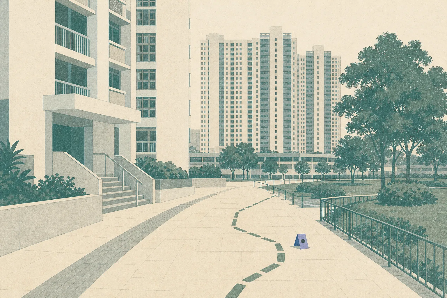 A quiet cut-paper illustration of Tin Shui Wai residential blocks, a paved footpath and park edge arranged around an interrupted route marker, with no people visible.