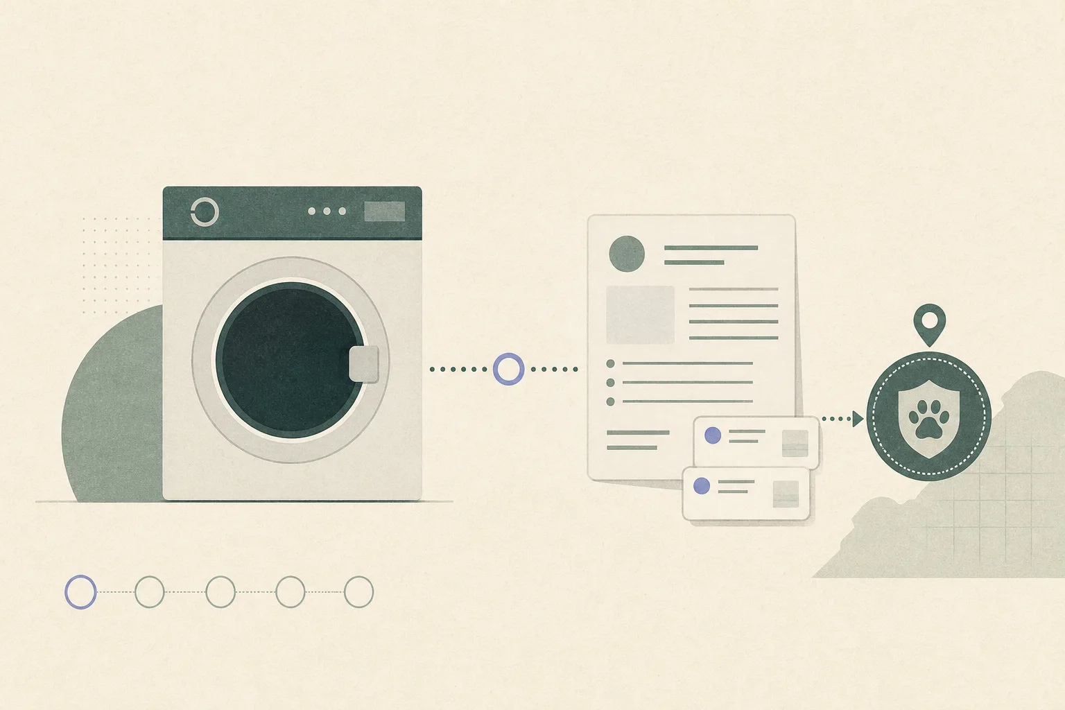 A restrained cut-paper diagram shows a closed empty washing-machine door beside an abstract electronic-report card, linked by a dotted case-routing line to a small investigation marker.