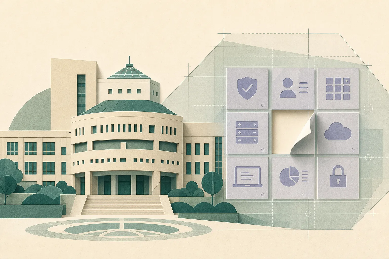 Cut-paper illustration of a university building beside an abstract information grid, with one blank panel removed and a translucent review layer aligning the remaining system tiles.