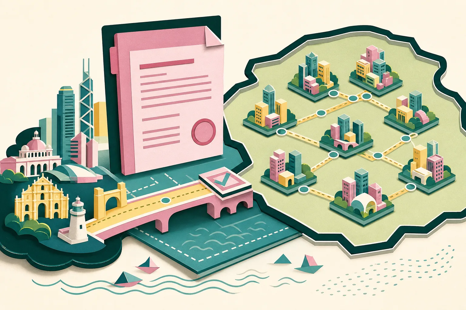 A cut-paper illustration of a legal document connected by a bridge-like route from Hong Kong and Macao to a bounded field of nine abstract Guangdong city blocks, with an examination tile and layered foundation suggesting a formalised cross-border legal framework.