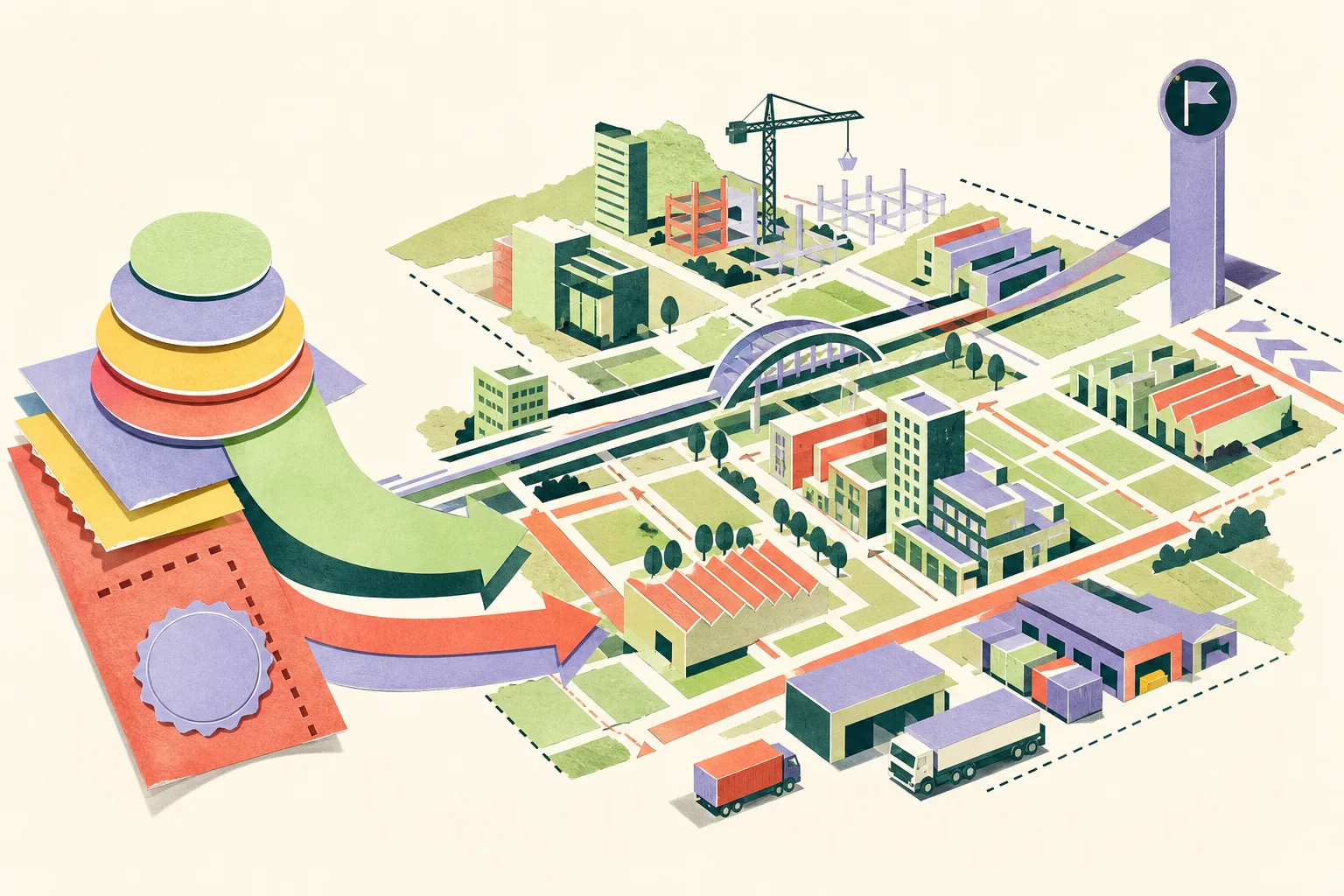 Cut-paper illustration of an emerging Hong Kong district with simplified buildings, open development plots, infrastructure bands and geometric investment shapes flowing into an unfinished urban grid.