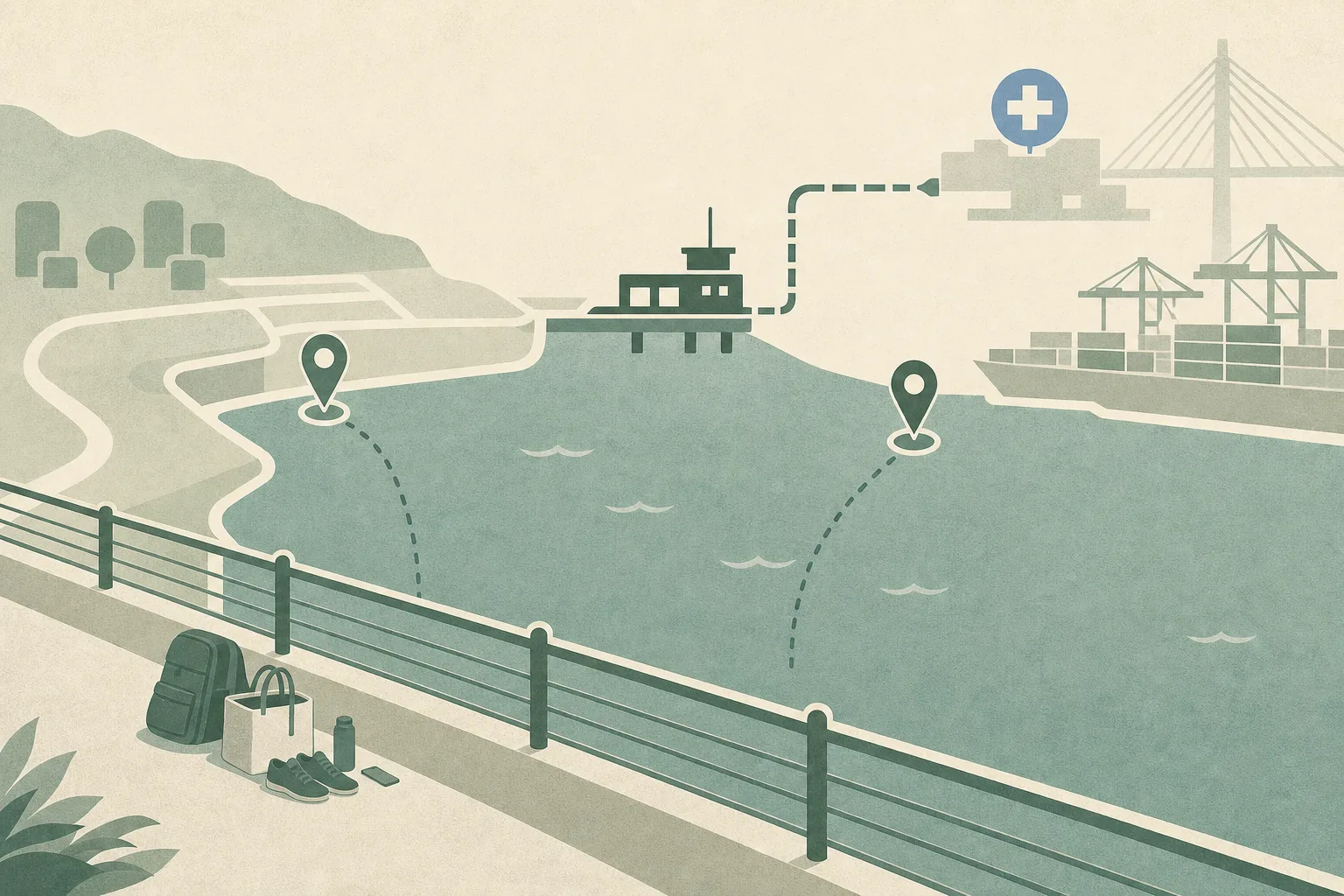 A muted blue diagram of a Tsing Yi waterfront shows a sea edge, railing with a small cluster of belongings, two offset location markers, and an abstract route leading to a fireboat pier and hospital symbol.