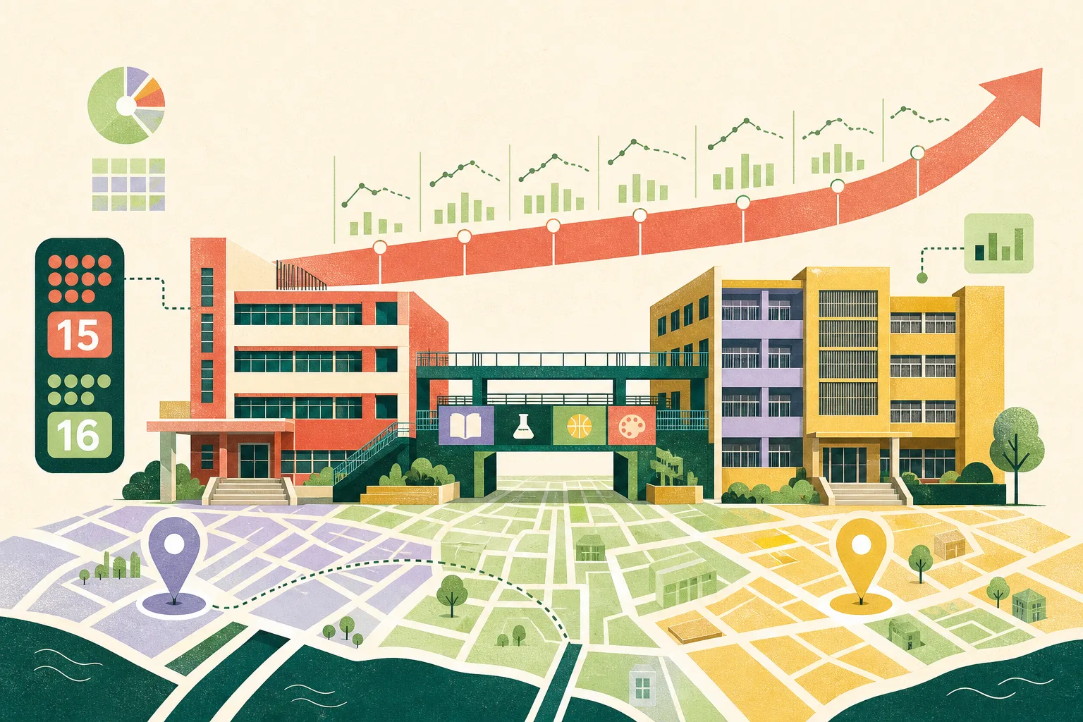 A cut-paper style illustration shows two generic school buildings connected by a shared central structure, set over an abstract district grid with a five-to-10-year projection ribbon and small forecast markers.