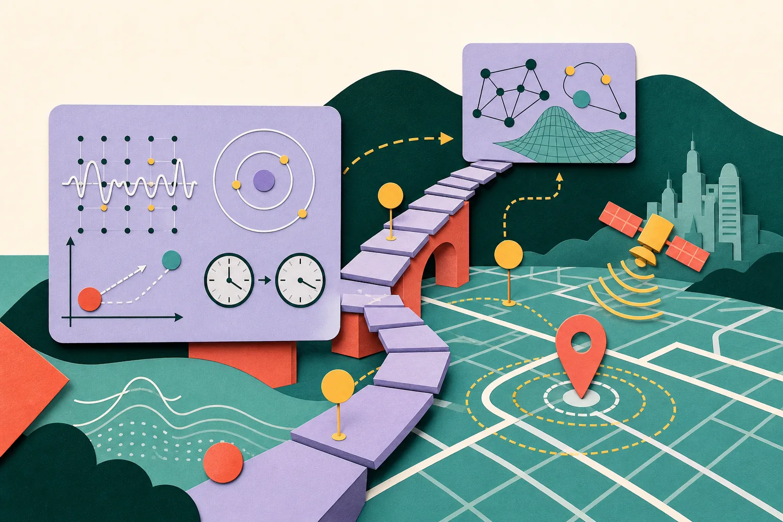 A cut-paper educational diagram connects a wave-and-dot physics motif, a clock, and a GPS-style positioning grid with a stepped pathway toward a simple university study symbol.