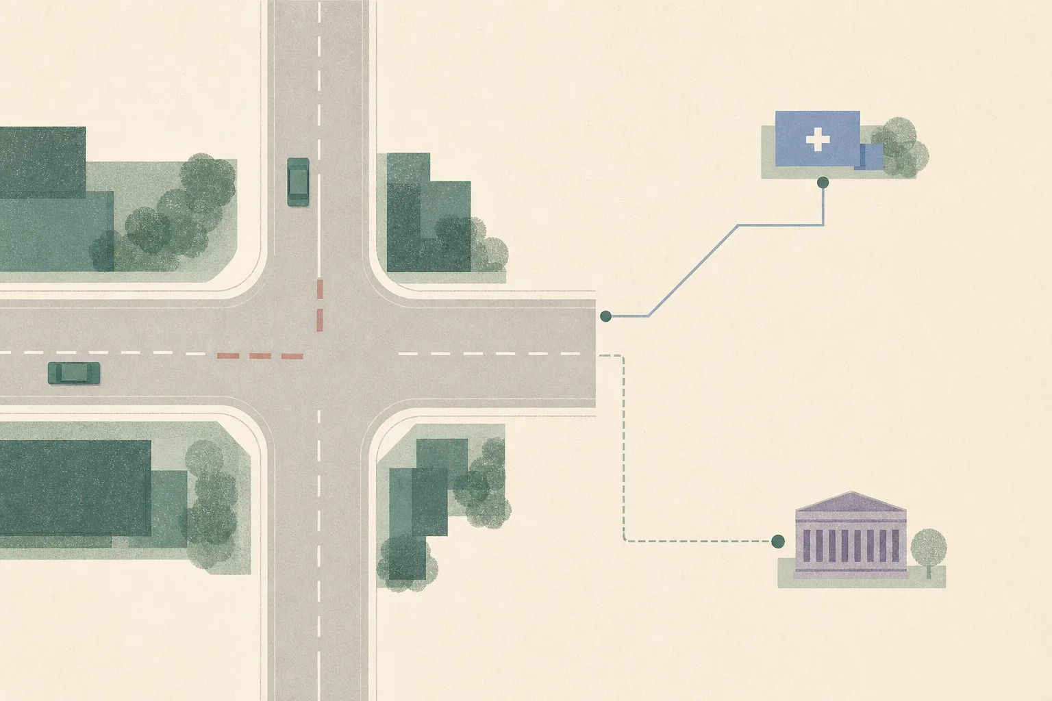 Top-down editorial illustration of a simplified Hong Kong road junction with two separated abstract cars, interrupted lane markings, a distant hospital marker and a civic court marker, using muted grey, dusty rose and blue shapes.