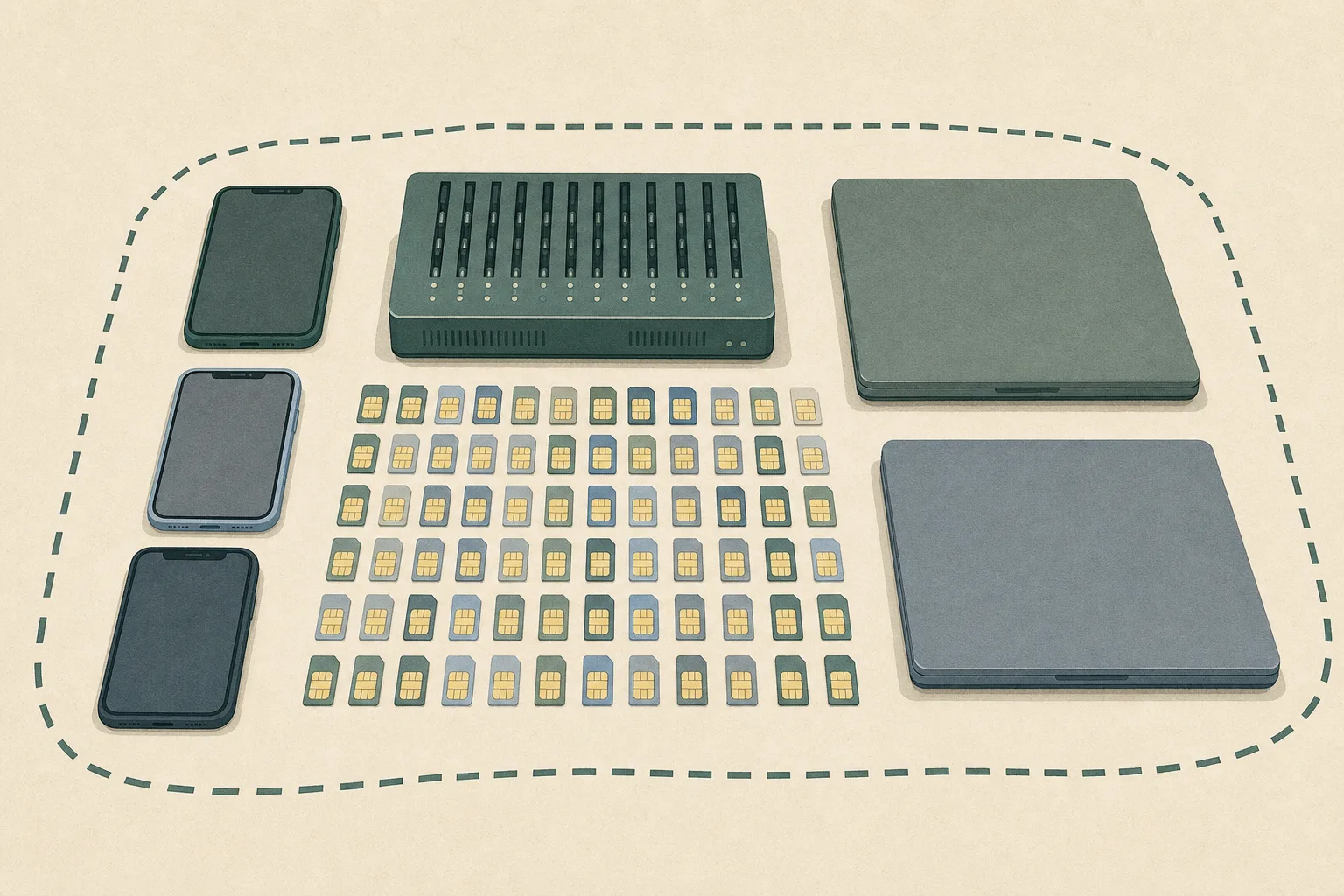 Top-down cut-paper illustration of a multi-SIM device, rows of SIM cards, three mobile phones and two closed laptops arranged on a neutral hotel-room desk within a simple investigation boundary.