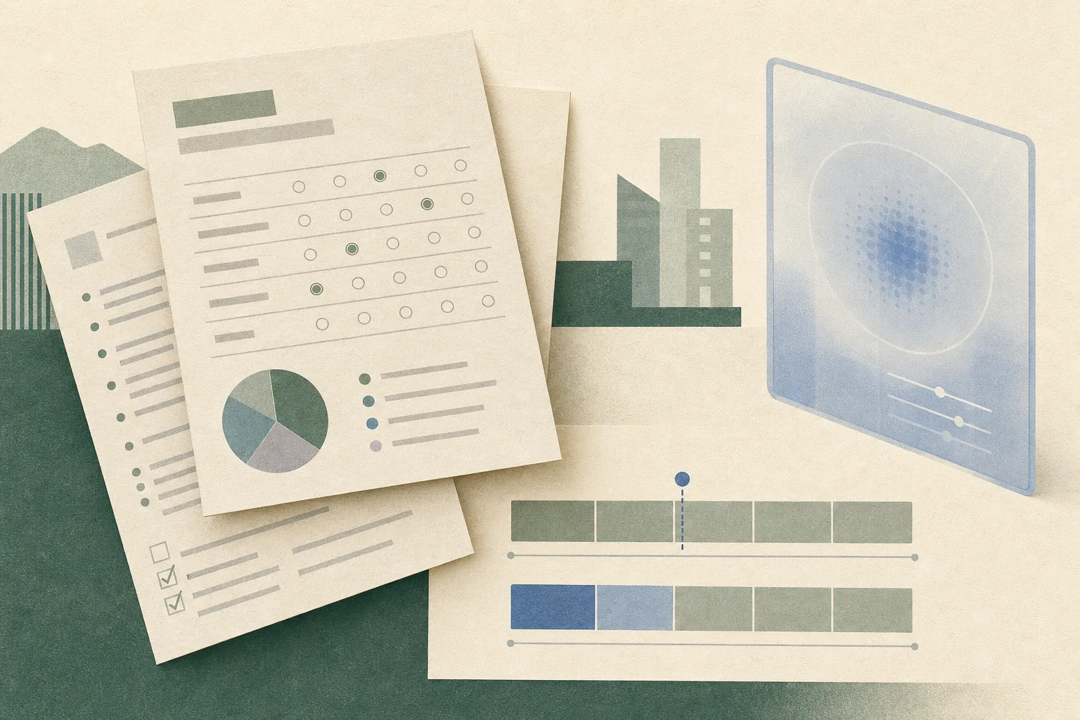 Abstract illustration of questionnaire sheets, a five-part well-being scale marked at 2.87, a separate field with slightly more than one highlighted segment, and a detached translucent screen frame, with no people shown.