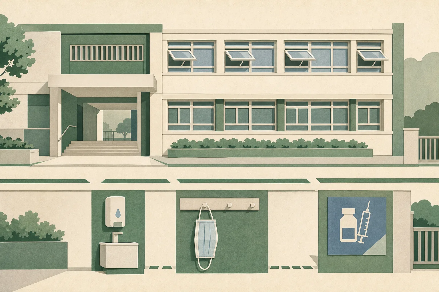 An empty cut-paper illustration of a Hong Kong school building with open windows, a hand-hygiene station, a mask on a wall hook and a separate vaccination outreach panel, arranged in calm blue and muted contrasting shapes.