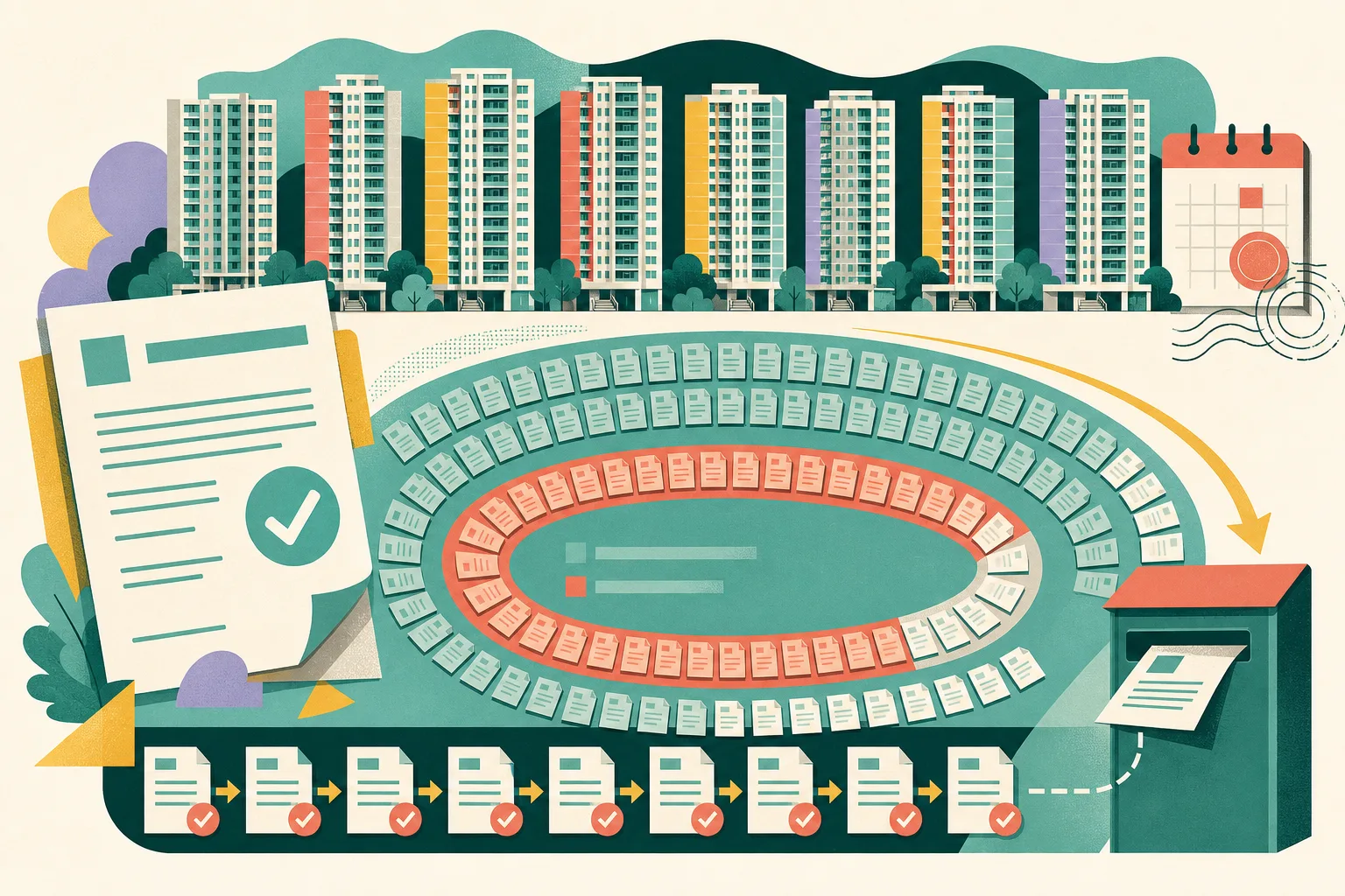 Flat cut-paper illustration of eight simplified residential towers beside an oversized signed document, arranged with a near-complete set of document tiles, a smaller agreement band, a 31 August calendar tab and an abstract collection box.
