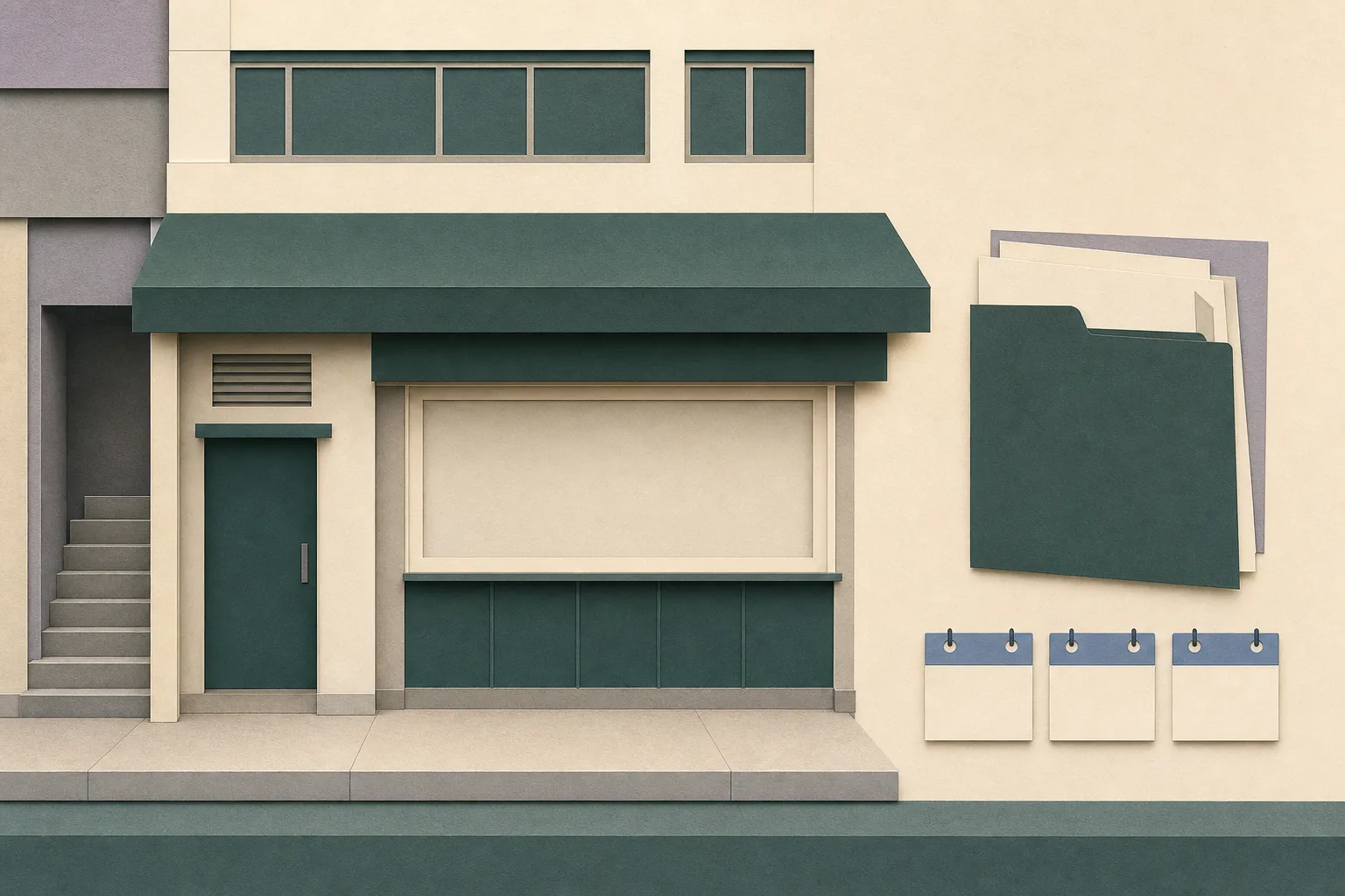 Sparse cut-paper illustration of a simplified Mong Kok café frontage with a closed side entrance, a blank service window, a detached document shape and three separated calendar tabs.