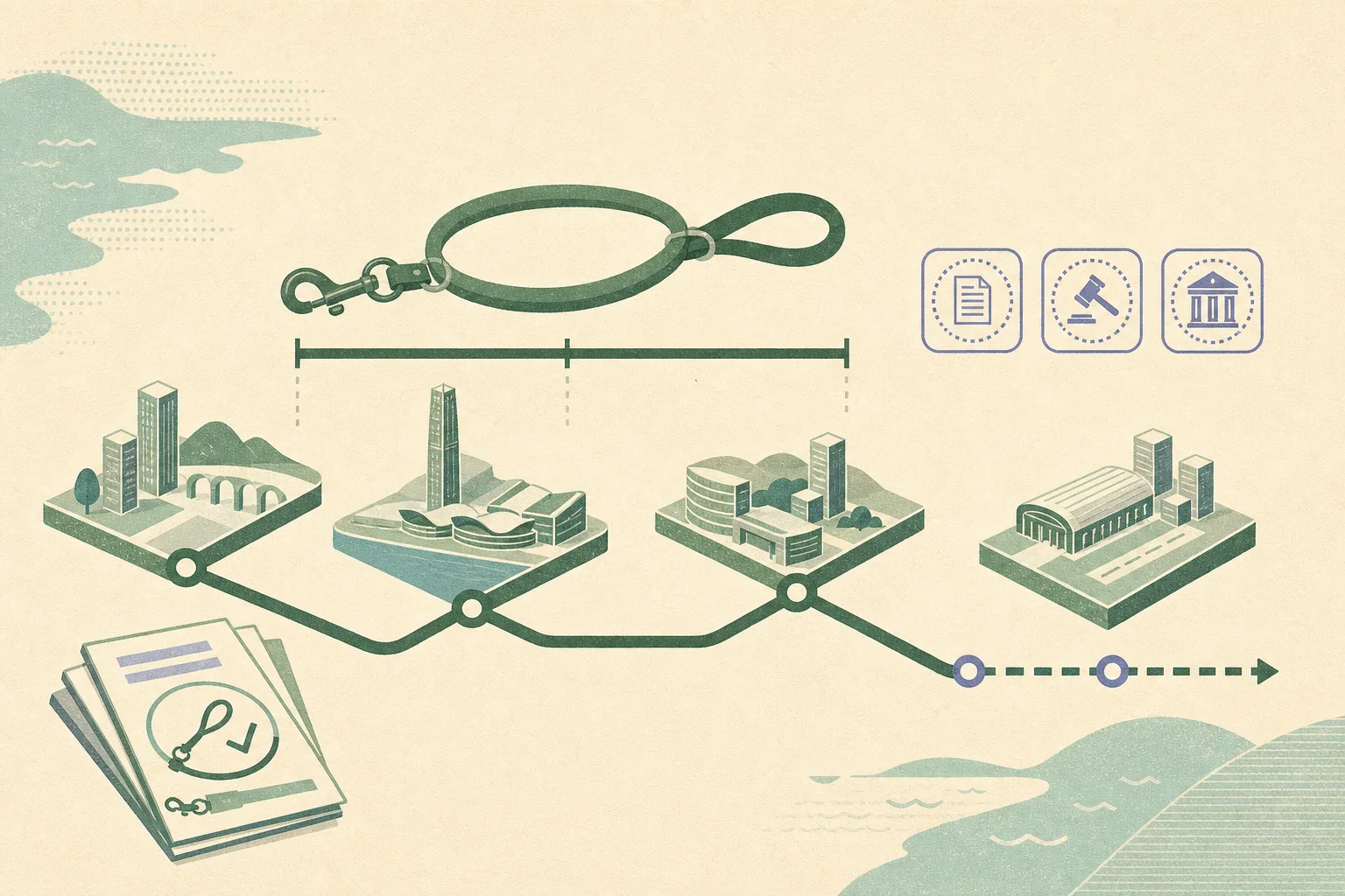 Abstract civic diagram showing a simplified leash beside a two-metre measurement bar, four connected urban blocks, a small stack of leaflets and three neutral case markers, rendered in muted teal with restrained ochre, mineral blue and soft coral accents.