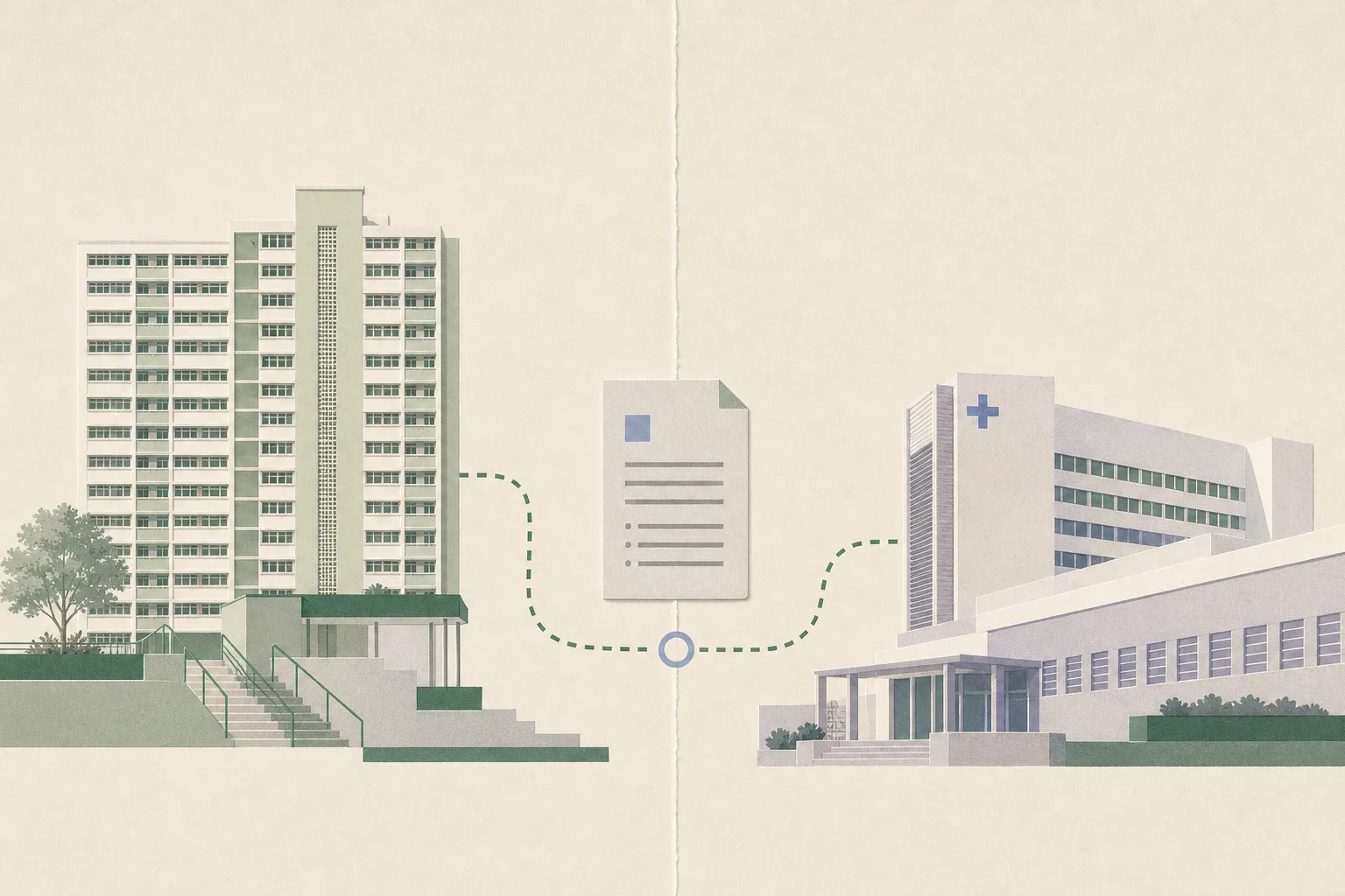 A sparse cut-paper collage shows a simplified residential estate block and a separate hospital facade, connected by an interrupted fine line and accompanied by an abstract investigation panel.