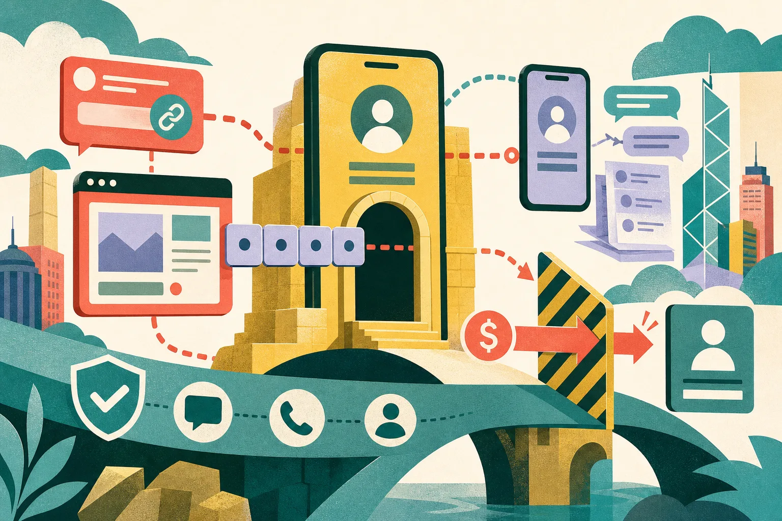 A cut-paper diagram of a generic smartphone account, a phishing message and a false website leading toward verification-code tiles and a second device, with a protective barrier stopping a payment arrow before it reaches a recipient account.