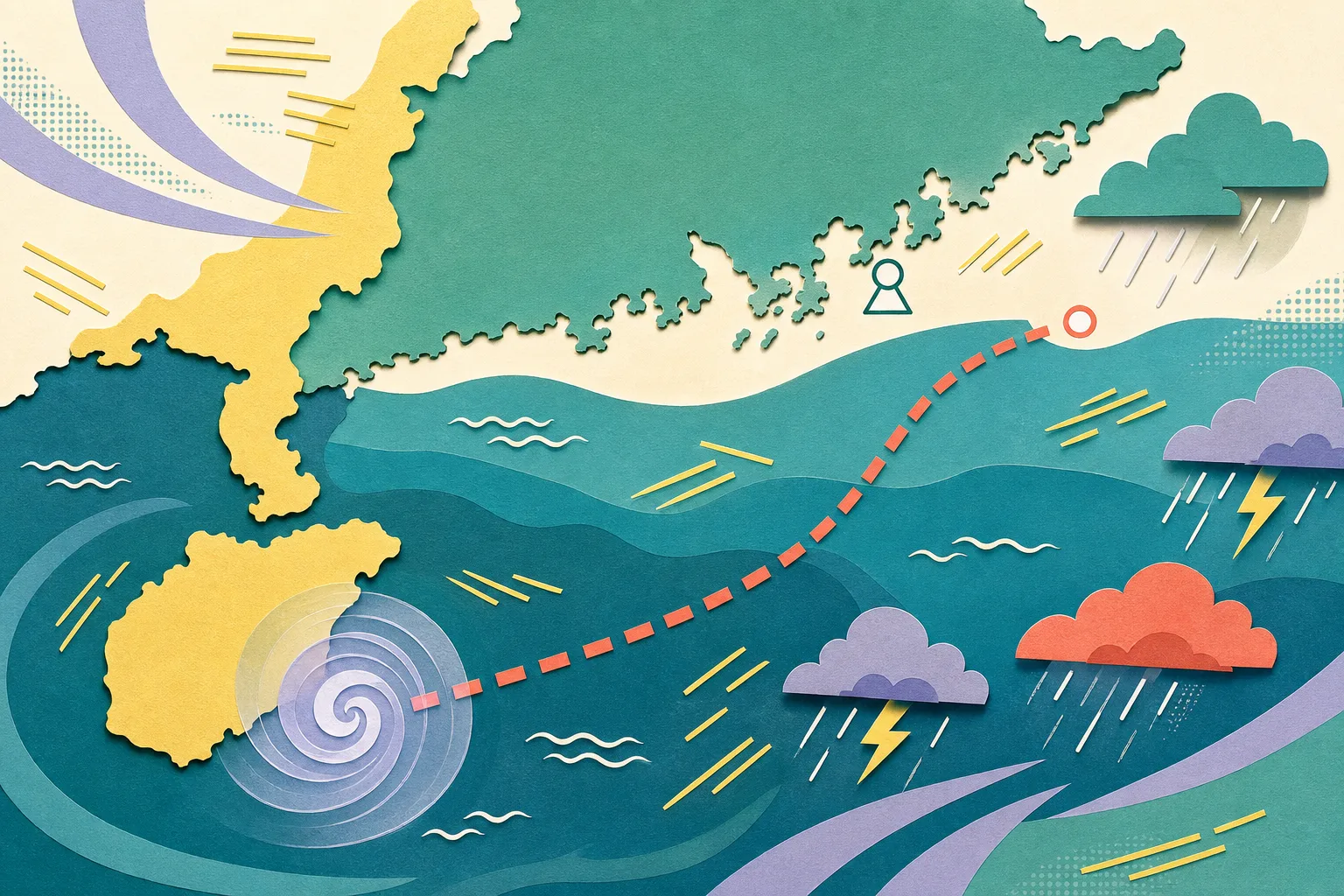 A cut-paper regional weather diagram shows simplified Hainan, eastern Guangdong and Hong Kong around layered sea bands. A dashed route moves from near Hainan toward eastern Guangdong, with a translucent weather swirl, wind marks and an unfilled warning marker near Hong Kong.