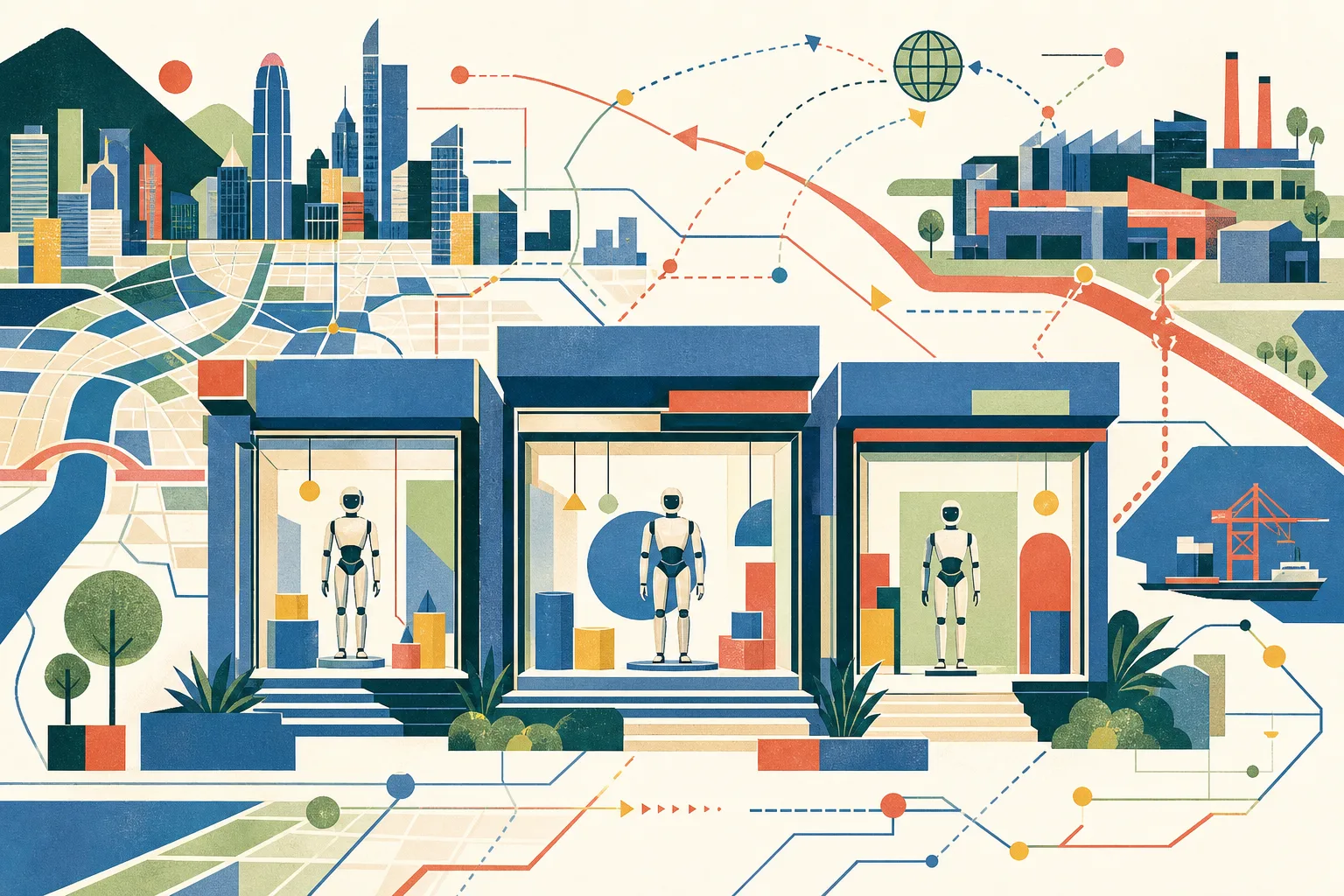 A flat architectural collage shows three simplified storefronts containing humanoid-robot forms, linked by a Hong Kong-style city grid to abstract research and industrial blocks in a multicolour cut-paper composition.