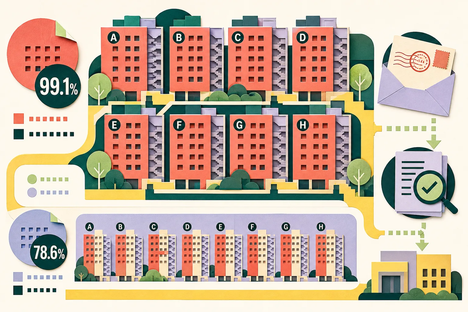 A cut-paper civic diagram shows eight simplified apartment blocks labeled A to H, a near-complete acceptance band marked 99.1%, a smaller formal-agreement band marked 78.6%, and a postmarked document leading toward a verification checkpoint.