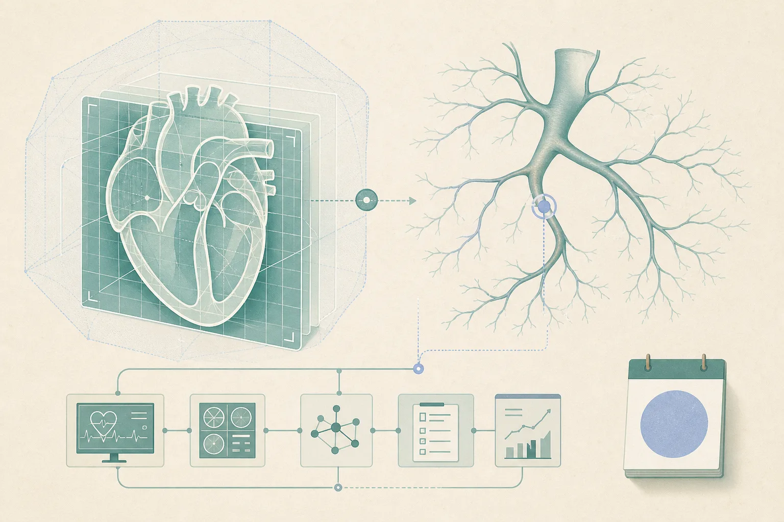 Top-down abstract medical diagram with a geometric heart imaging grid, a translucent wireframe layer, branching vessel lines with one repaired junction, connected planning blocks and a small August 19 calendar tile.