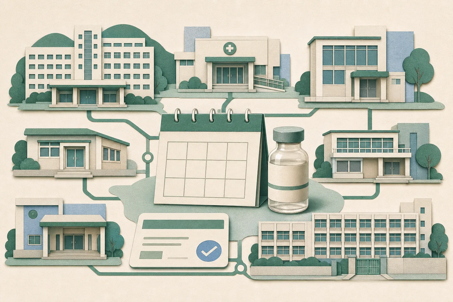 A flat cut-paper collage shows a September 17 calendar tile, a sealed vaccine vial and an electronic consent card linked by simple lines to abstract Hong Kong clinic, school and community-service buildings; no people are depicted.