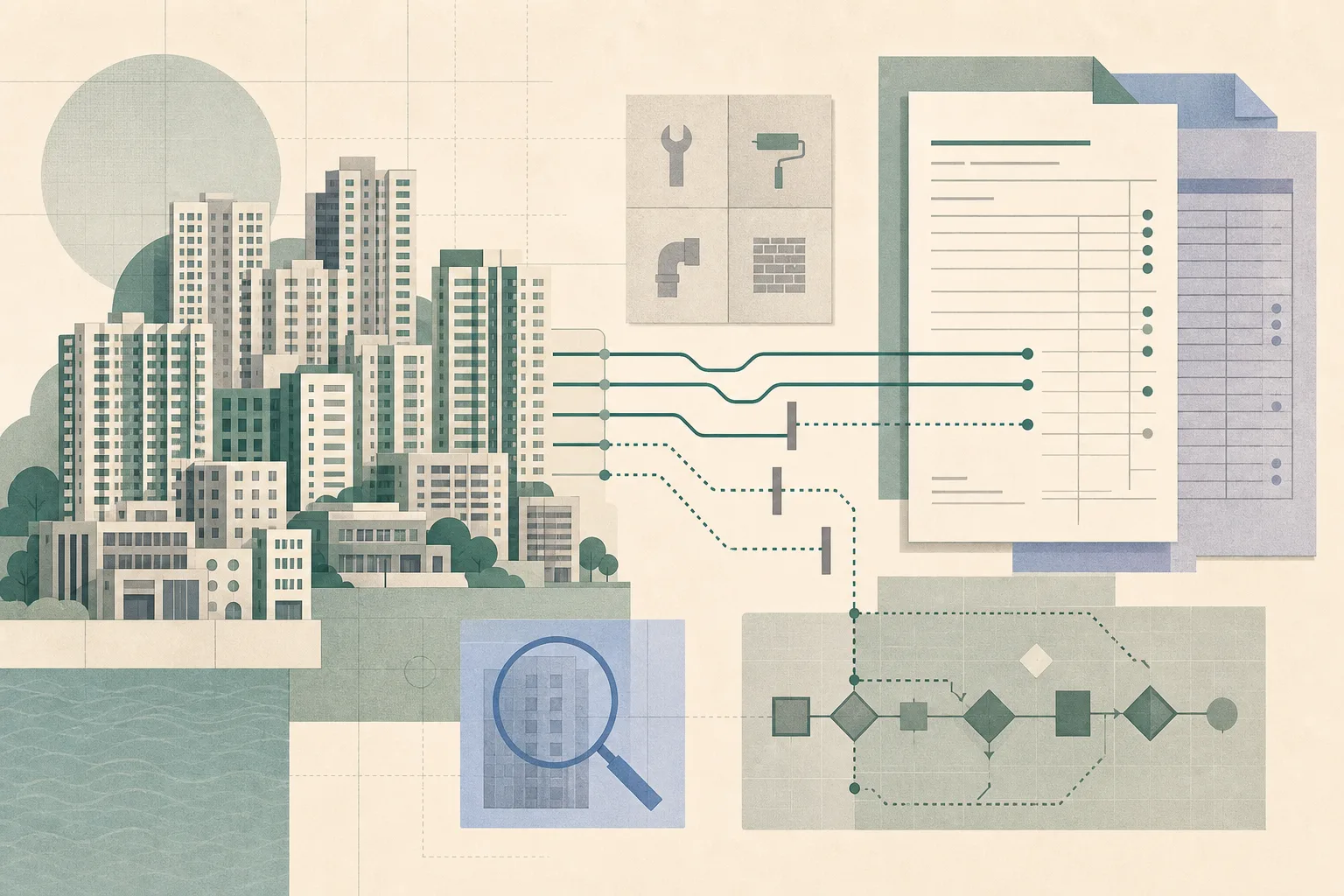 An abstract civic diagram shows simplified Hong Kong building blocks beside document panels and accounting sheets. Parallel tender lines connect the elements, with several routes interrupted at boundary markers.