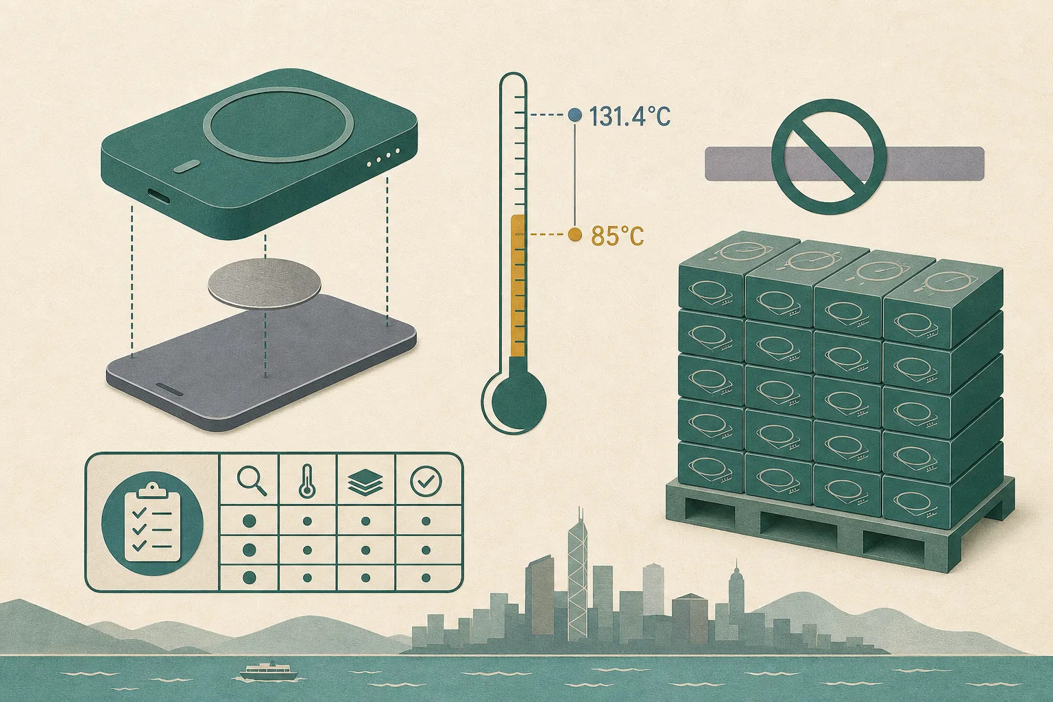 A cut-paper diagram of a magnetic wireless power bank and a separate device with a metal plate between them, beside a temperature scale marked 85°C and 131.4°C, an orderly stack of product boxes and a neutral blocked-sale bar.