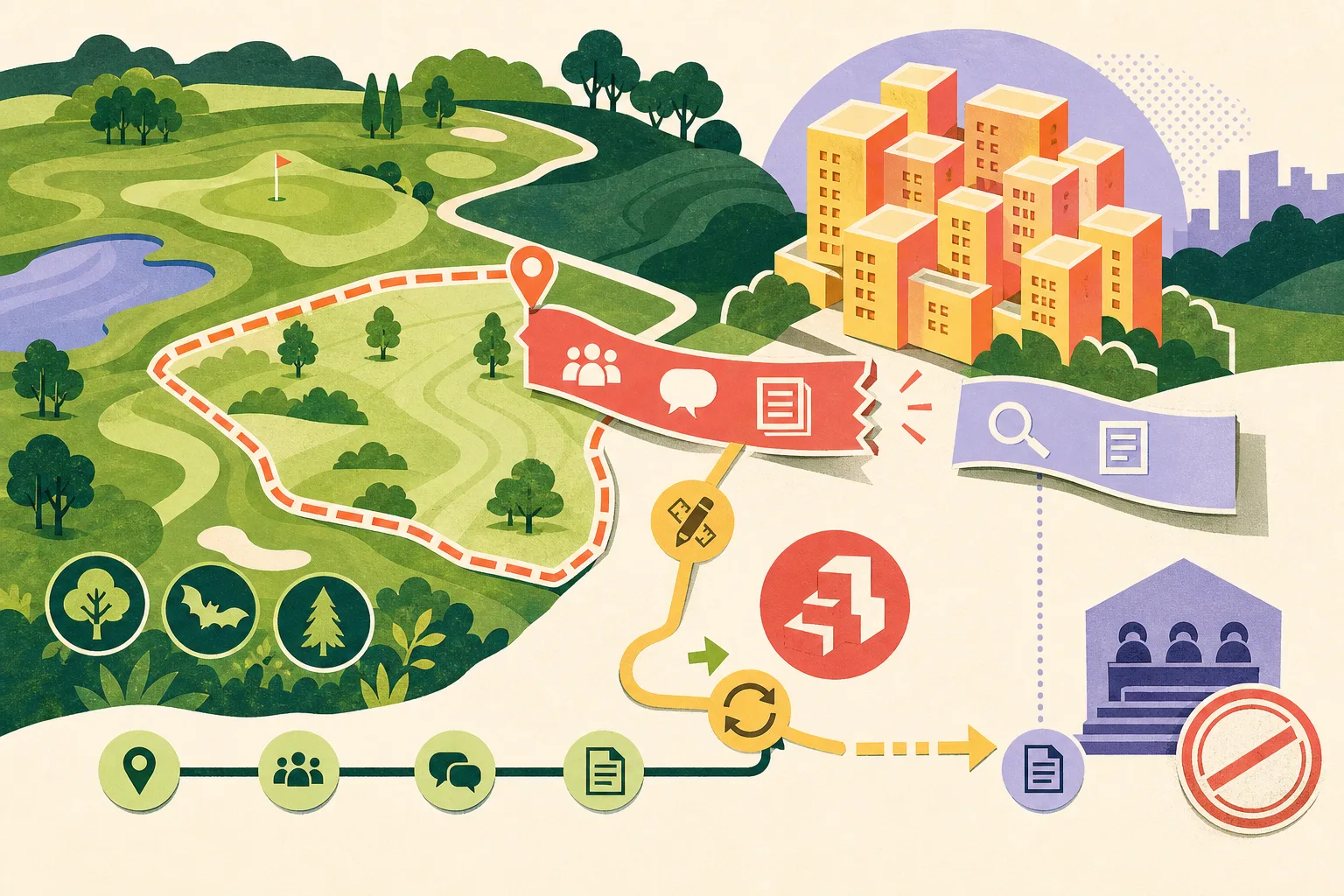 Flat cut-paper illustration of a green golf-course landscape with a marked development boundary, abstract housing blocks, protected-tree and wildlife symbols, and a broken consultation pathway leading toward an appellate review marker.