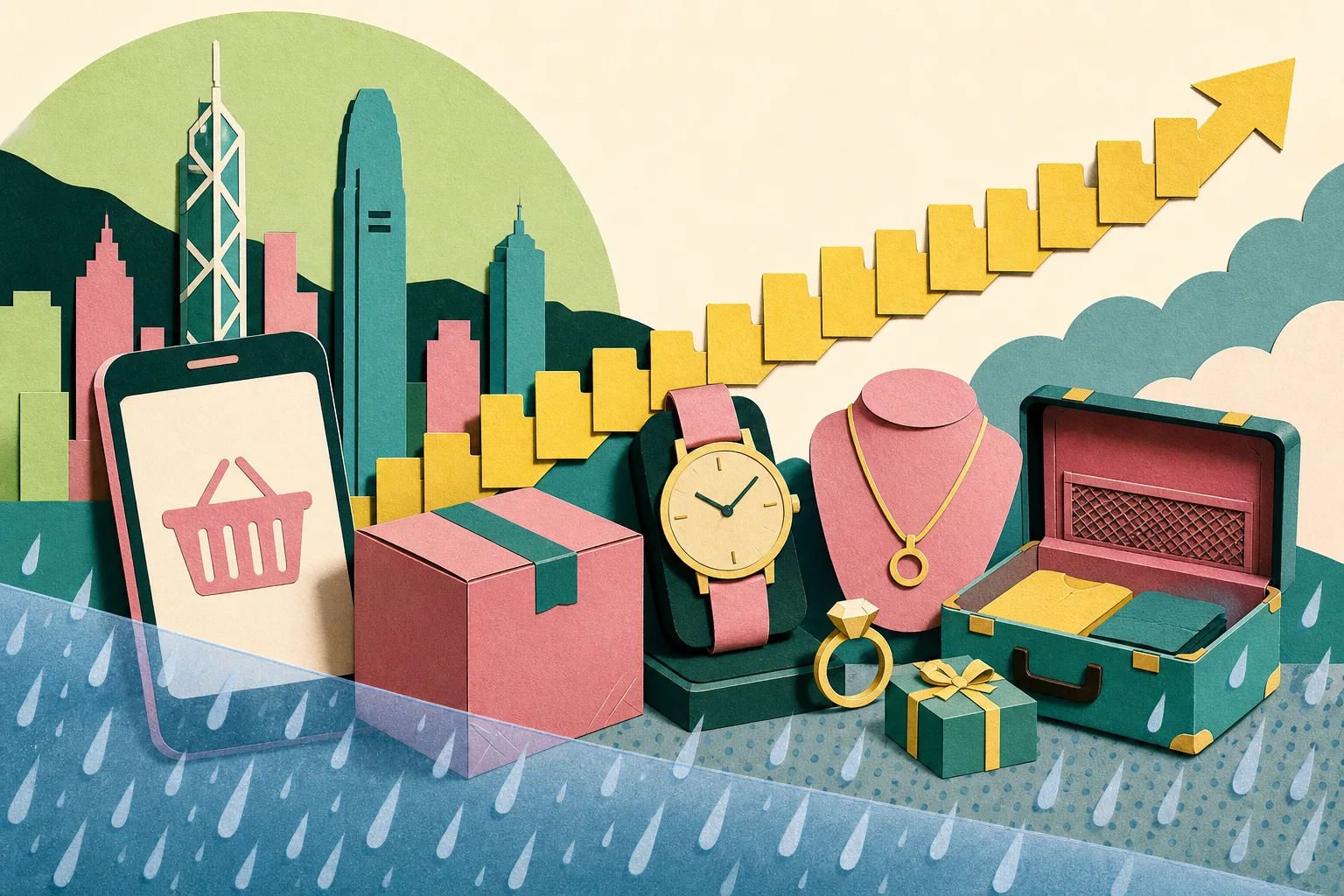 Cut-paper still life of a smartphone with a shopping basket, delivery parcel, watch, jewellery ring, gift box and open suitcase, arranged along fifteen upward-stepping tabs with a translucent band of rain marks across the lower edge.